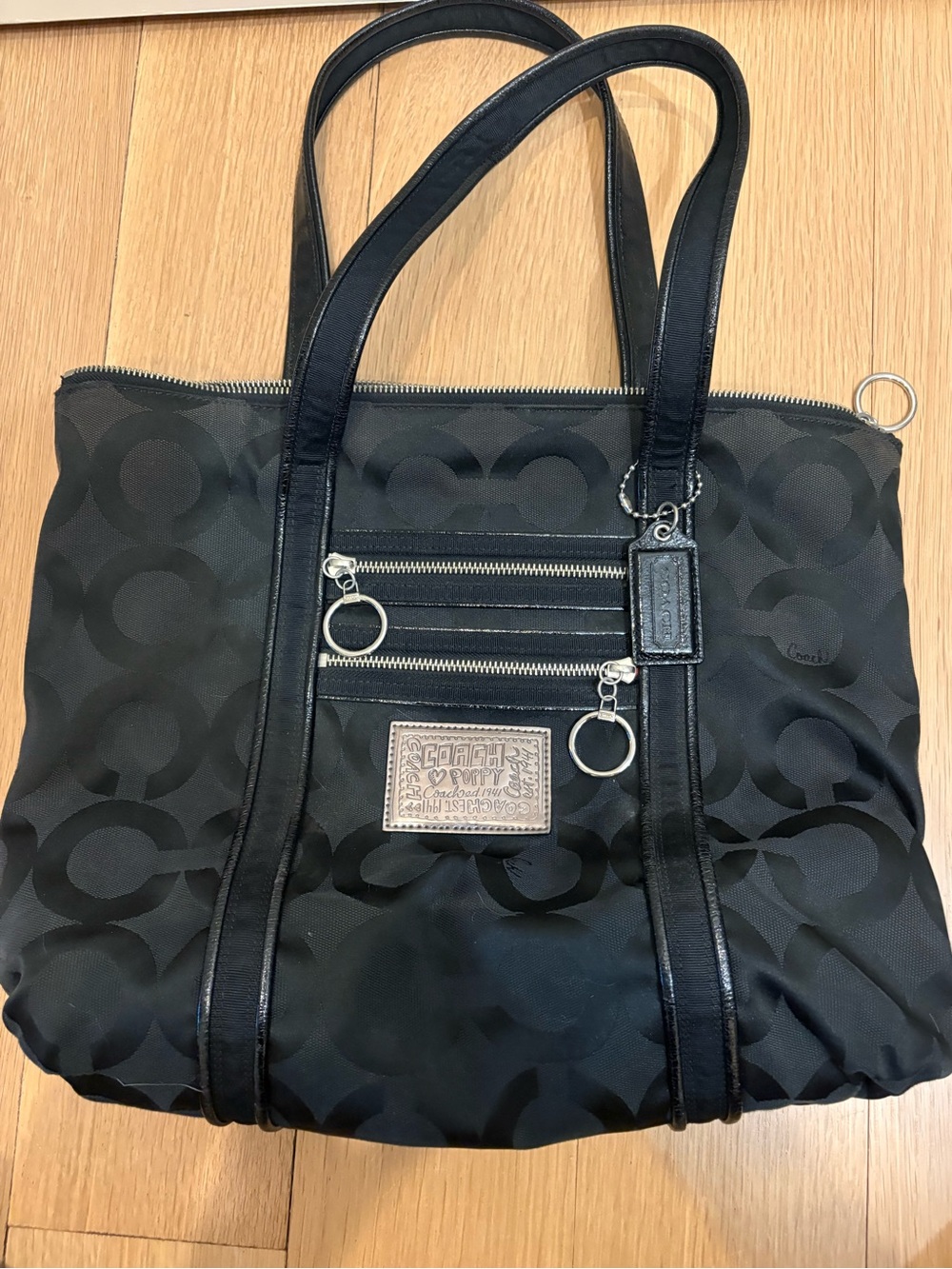 Coach Black Signature Jacquard Tote with Leather Trim